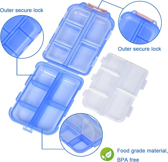 Large Travel Pill Organizer with 189 Stickers, 10 Compartments Travel Medicine Organizer Travel Pill Box Pill Case for Purse Airplane Car Nurse Vacation Essentials (Blue, 1 Pack)