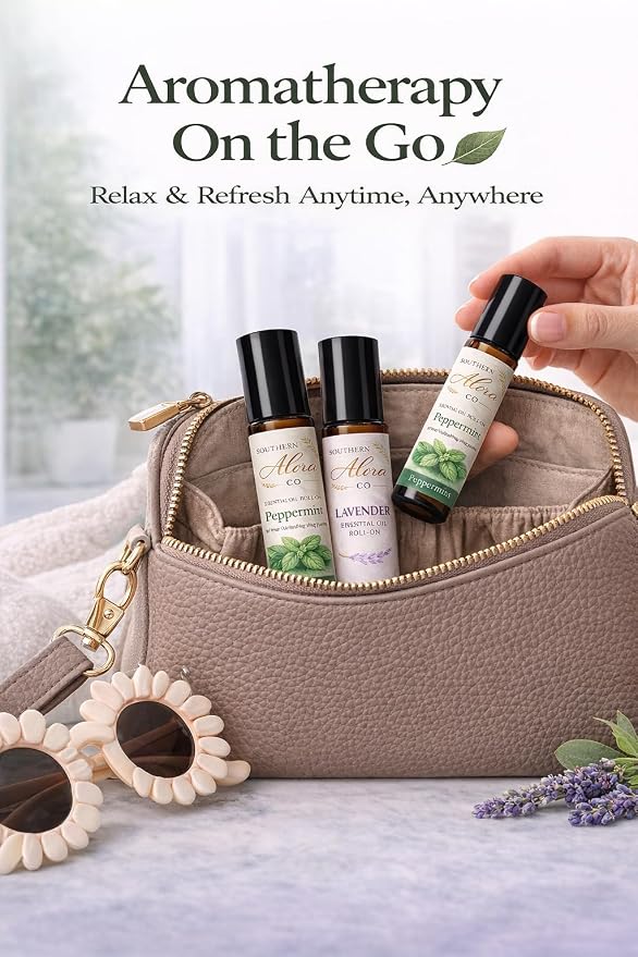 Southern Alora Essential Oils Roll On Set – Peppermint, Lavender & Eucalyptus Aromatherapy for Relaxation and Stress Support – Travel Size Essential Oil Roller, Self Care Gifts for Women