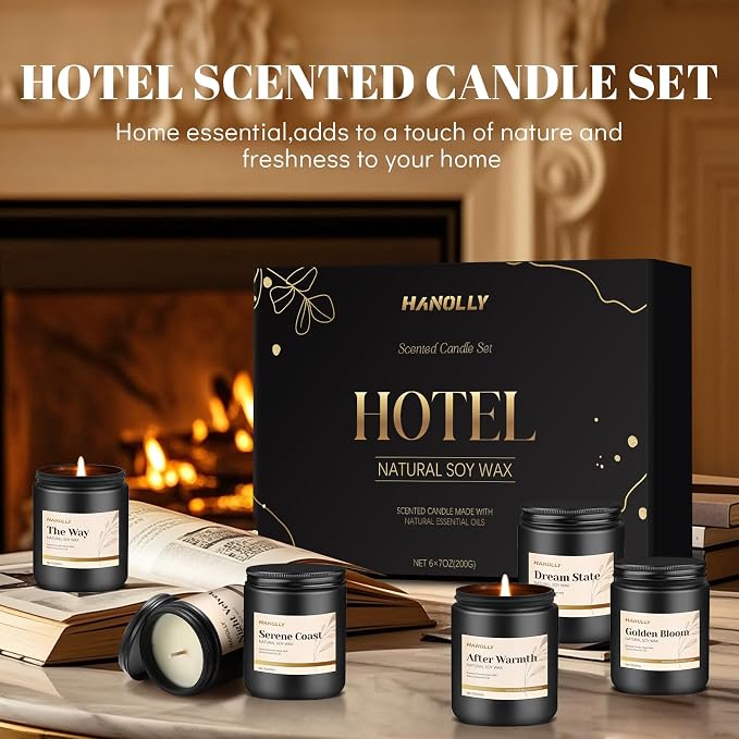 Hotel Scented Candles Set, 6 Pack Candles for Home Scented, Luxury Aromatherapy Jar Candle Gifts for Men & Women, Natural Soy Wax Long Lasting Candle Kit for Fathers Day, Birthday, Anniversary
