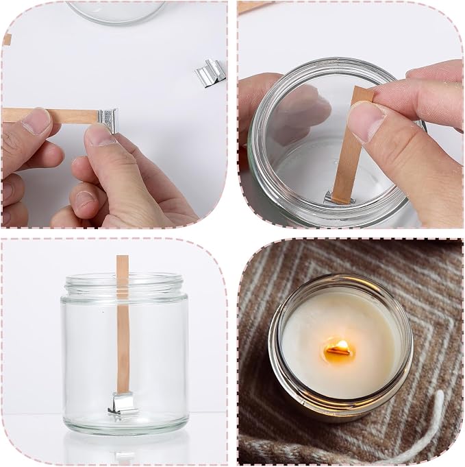 Nogeqi 150pcs Wooden Candle Wick for Candlemaking, Thicked Wooden Wicks Crackling Wood Wick Includes Metal Fasteners, Adhesive Dot for SoyWax, DIY Candle, Paraffin, Beeswax (50 Sets)