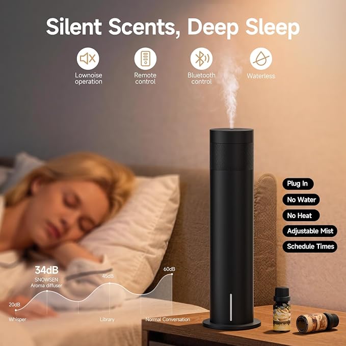 Waterless Scent Diffuser Starter Kit - Cold Air Diffuser Machine with 6 Essential Oils, 1500 Sq.ft Coverage for Large Room Home Office Hotel, Smart Aromatherapy Diffuser, Remote Control & APP, Timer