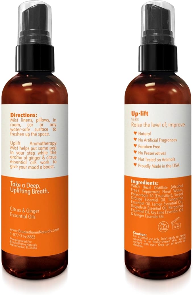 Uplift Aromatherapy Room Spray for Energy Boost. Lemon, Bergamot & Ginger Essential Oil Multi-Use Citrus Spray, Linen Mist, Natural Car Air Freshener & Closet Deodorizer by Brookethorne Naturals