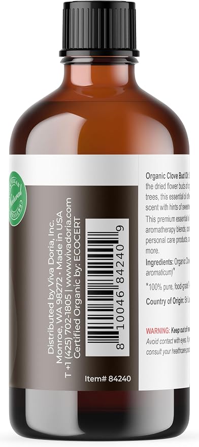 Viva Doria Clove Bud Essential Oil, USDA Certified Organic Clove Oil, 100% Pure, Natural Essential Oil, Undiluted, for Aromatherapy | Food Grade, 118 mL (4 Fluid Ounce)