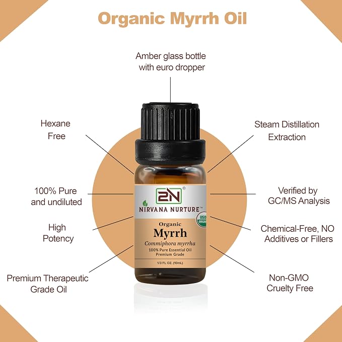 Myrrh Essential Oil, USDA Certified Organic, 100% Pure Undiluted, Aromatherapy Oil for Diffuser, Hair & Skin Care