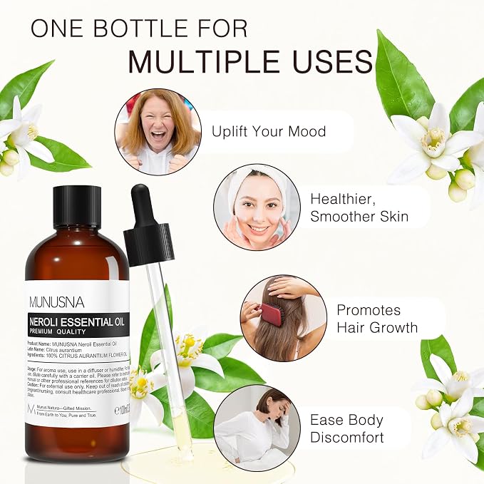 Neroli Essential Oil 100ML, 100% Pure Neroli Oil Aromatherapy Oil for Diffuser, Skin Care, Hair Care, Massage, Yoga, Home, Soap and Candle Making