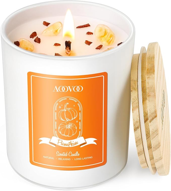 AOOVOO Pumpkin Scented Candles for Women - Aromatherapy Candle with Crystals Inside, 7oz Soy Candles for Home Scented, Christmas Birthday Gifts Candle for Women Mom