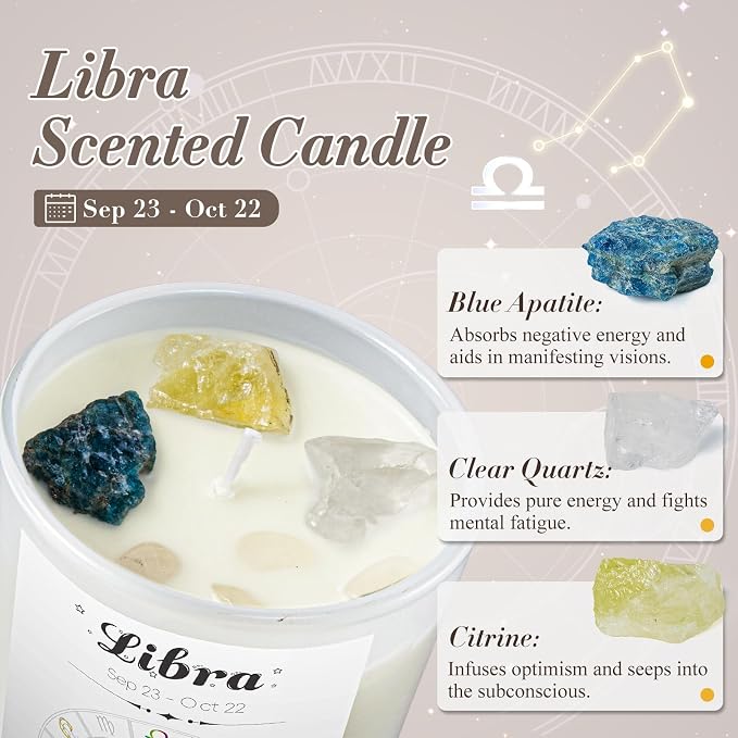 Libra Gift Candle for Women with Crystals, Zodiac Crystals Candle, September October Birthday Gifts for Her, Mom, Sister, Friends, Meditation, Yoga, Relaxation (7oz)