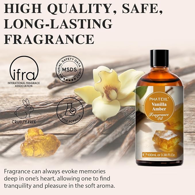 PHATOIL 3.38FL.OZ Vanilla Amber Fragrance Oils for Aromatherapy, Essential Oils for Diffusers for Home, Perfect for Diffuser, Yoga, Skin Care, DIY Candle and Soap Making - 100ml