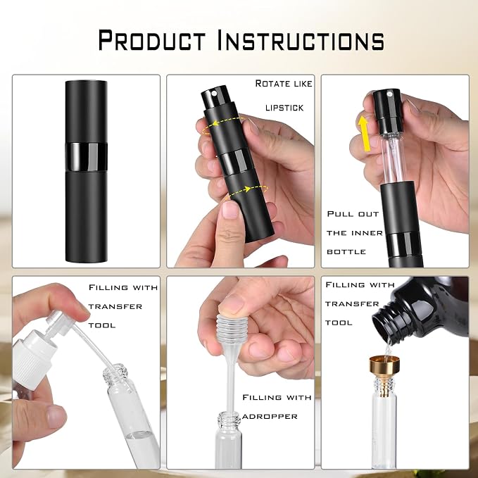 8ML Refillable Perfume Atomizer 3 Pack, Portable Leak-Proof Cologne Dispenser, Aluminum Travel Spray Bottle for Men and Women, Travel Grooming Essentials (Black, Silver, Blue)