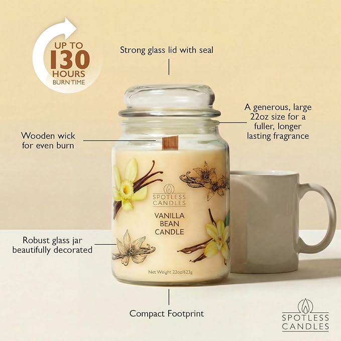 Vanilla Bean Candle 22oz: Upto 130 Hours Burn Time, Crackling Wooden Wick in Large Candle Jar with a Luxury Gift Box & Protective Shipper, Scented Candle by Spotless Candles