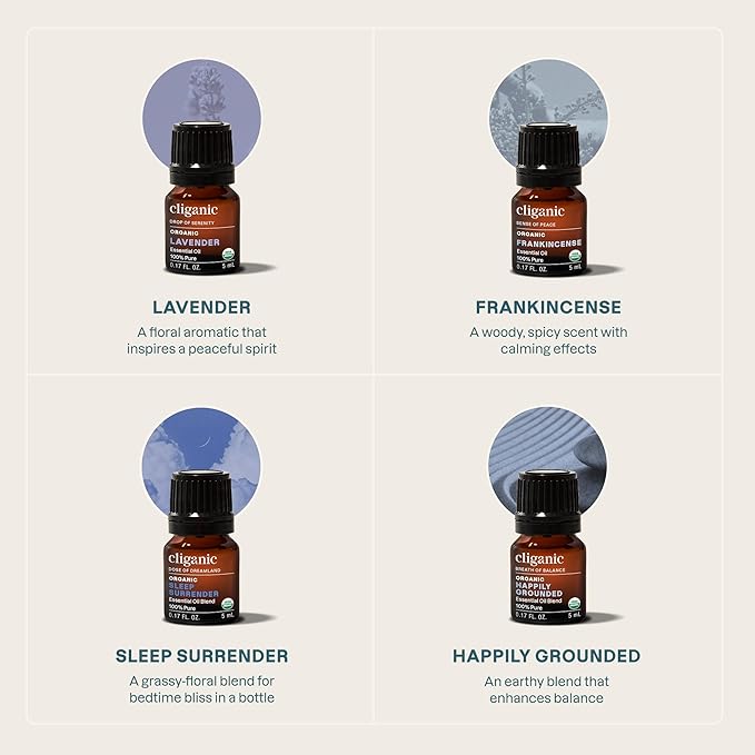 Cliganic Serenity Essential Oils Diffuser Set – Aromatherapy Humidifier with LED for Home, Office & Bedroom Includes Frankincense, Lavender, Grounded & Sleep Essential Oils Christmas Gift Kit