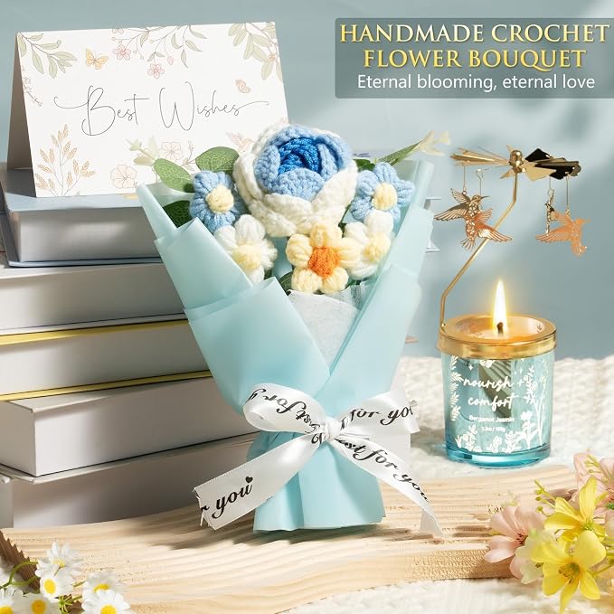 Mothers Day Gifts for Women Mom Friend Sister, Unique Birthday Gifts for Women Girlfriend Wife Daughter, Christmas Candles Hummingbird Rotating Scented Candles Set for Woman w/Crochet Flower Bouquet