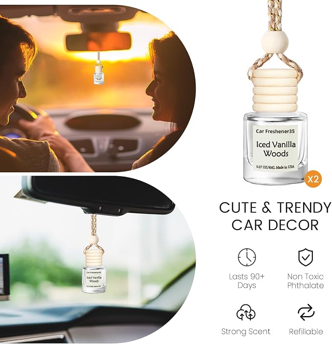 Hanging Car Air Freshener, Long Lasting Essential Oil Diffuser, Non-Toxic Iced Vanilla Woods Scent, Cute Car Fresheners for Women, 2 Pack Made in USA