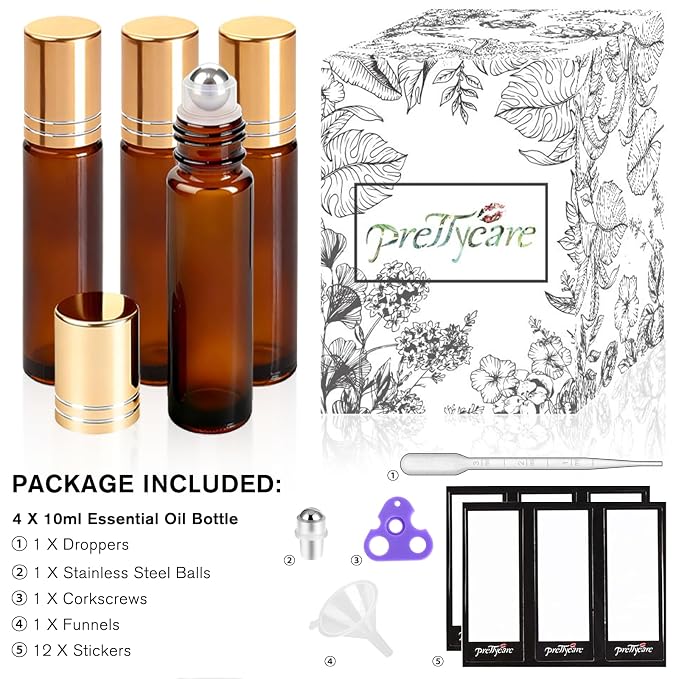 PrettyCare 4 Pack Amber Glass Oil Roller Bottles for Essential Oils 10ml, Roll On Bottles with Stainless Steel Roller Ball Leak-Proof Perfume Travel Refillable Bottle Empty, Beauty & Personal Care