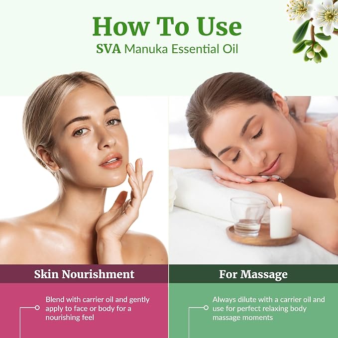 SVA Manuka Essential Oil – 1 Fl Oz – 100% Natural Manuka Oil - for Diffuser, Hair Care, Face, Skin Care, Aromatherapy, Scalp and Body Massage, Soap and Candle Making – with Dropper