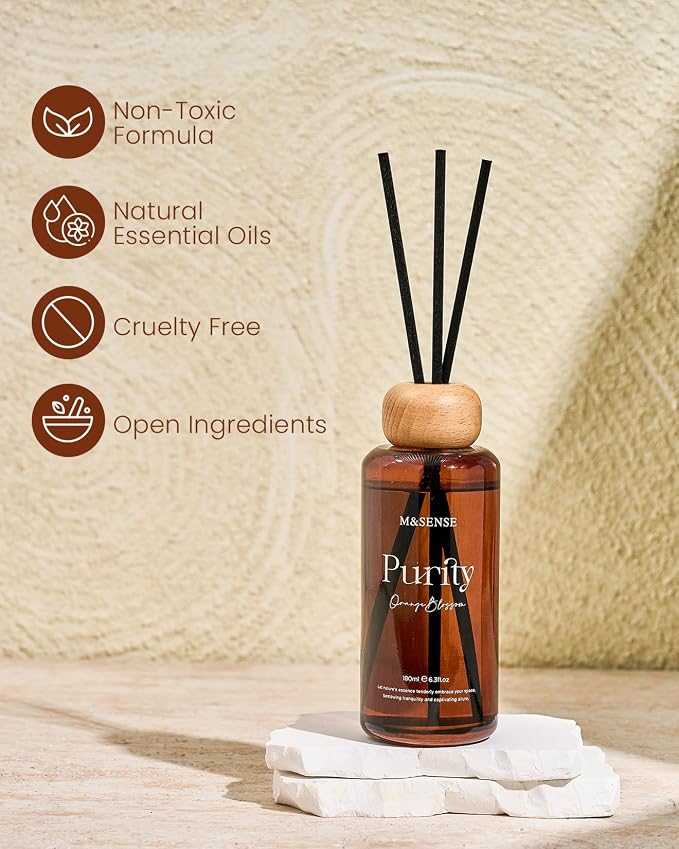 M&SENSE Orange Blossom Reed Diffuser: Upgraded Formula 6.3 fl oz Non-Toxic Aroma Set with Sticks, Long-Lasting Natural Essential Oil Gifts for Home, Bedroom