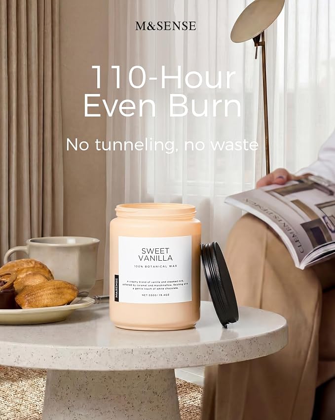 M&SENSE Vanilla Scented Candles, 19.4oz Large Natural Soy Wax, 110 Hours Long Lasting, Non Toxic Organic Candles Clean Burn, Sweet Smelling for Stress Relief, Aromatherapy Relaxing Gifts for Women