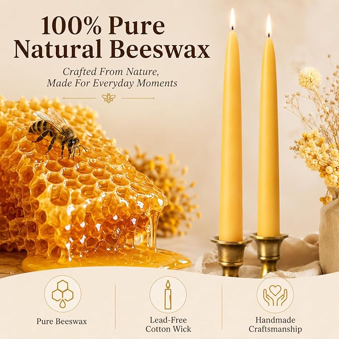 10inch Beeswax Taper Candles 12 Pack Natural Pure Beeswax Candlesticks Smokeless 9 Hour Long Burning Time Tapered Beeswax Candle Sticks Bees Wax Candle for Home Prayer
