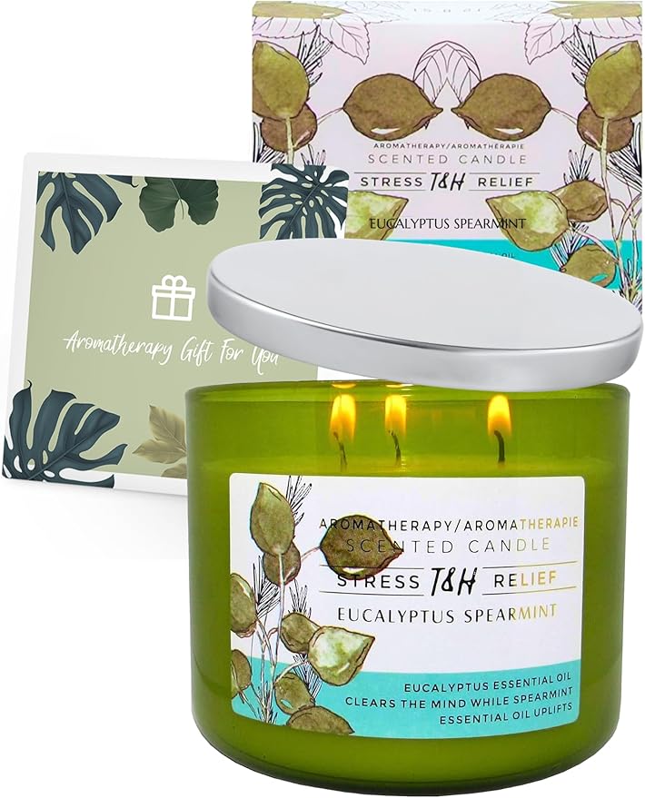 Eucalyptus Spearmint Scented Candle | 15.8 oz Large 3 Wick Soy Candle | Soothing Aromatherapy Candle for Home | Fresh Mint Spa Scent | Long Lasting Clean Burn | Relaxation & Yoga Gift for Women & Men
