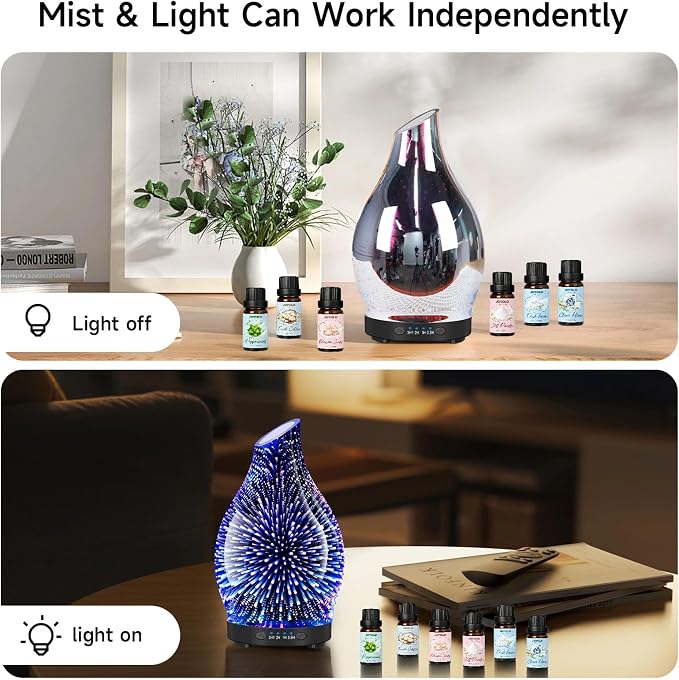 Essential Oil Diffuser & Essential Oils Set, Glass Aromatherapy Diffuser with 7 LED Colors, 6 Oils Gift Pack (Clean Home, Peppermint, Blossom Soapy, Soft Powder, Fresh Cotton, Fresh Linen)