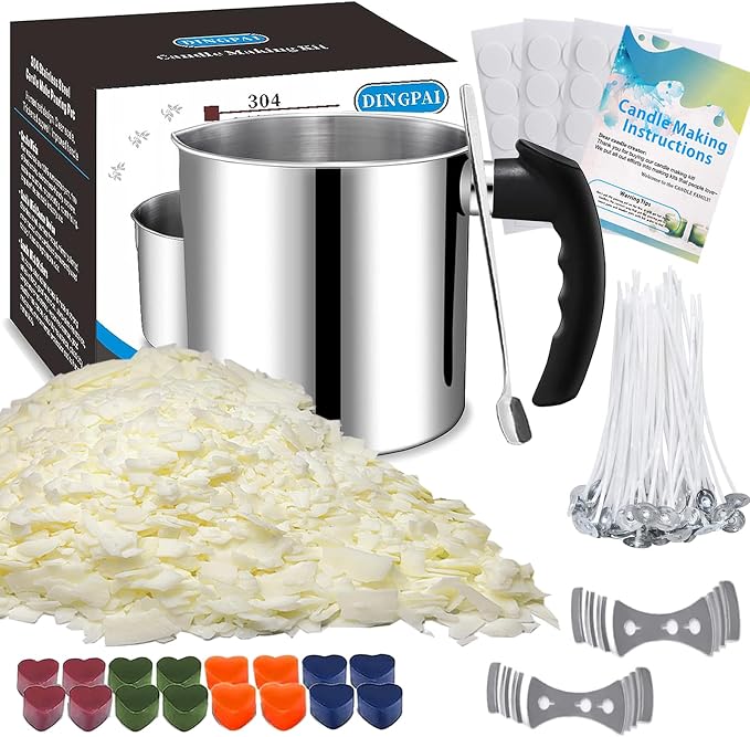 DINGPAI Candle Making Supplies, Complete Soy Candle Making Set Including Candle Make Pouring Pot, Candle Wicks, Wicks Sticker, 3-Hole Candle Wicks Holder, Natural Soy Wax and Spoon