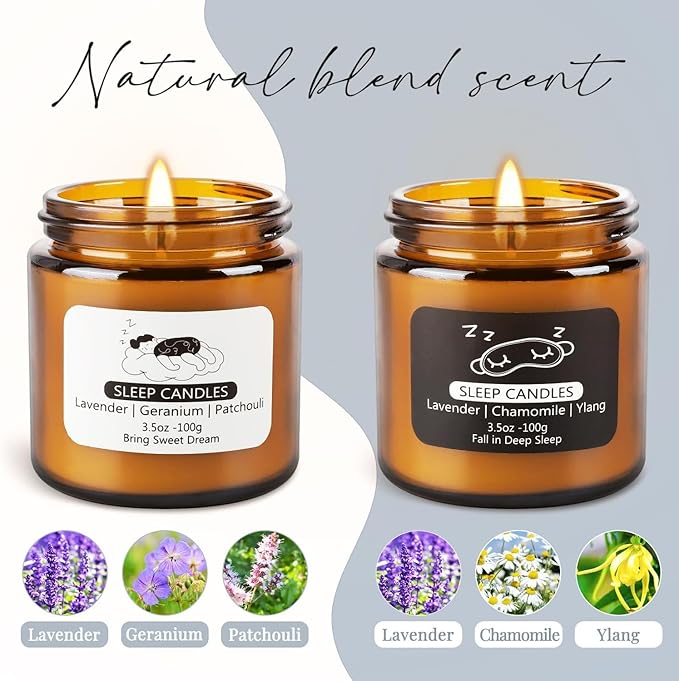 2 Pack Scented Candles Set|7 oz.Sleep Sweet Dream with Lavender,Geranium and Patchouli, Deep Sleep with Lavender,Chamomile Aromatherapy Candle,Long Lasting Time,Perfect Home Gifts for Men,Women | Lavender, Chamomile & Ylang-Ylang Natural Scented Candle...