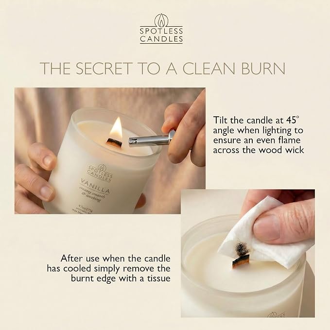 Vanilla Candle; 275g, 55 Hrs Burn Time, Soy Wax White Frosted Jar with Crackling Wooden Wick & Luxury Gift Box: Vanilla Scented Candle by Spotless Candles