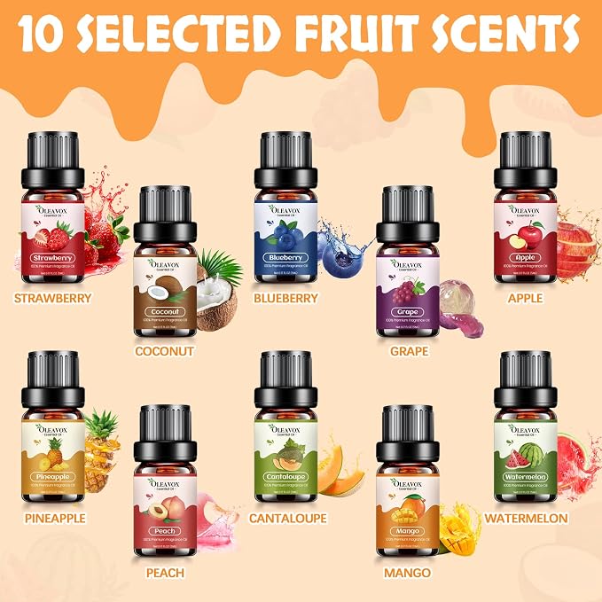 Fruity Essential Oils Gift Set, Premium Fragrance Oil for Candle & Soap Making, Coconut, Strawberry, Pineapple, Mango, Peach, Apple,10x5ml Fruit Aromatherapy Diffuser Oils for Home