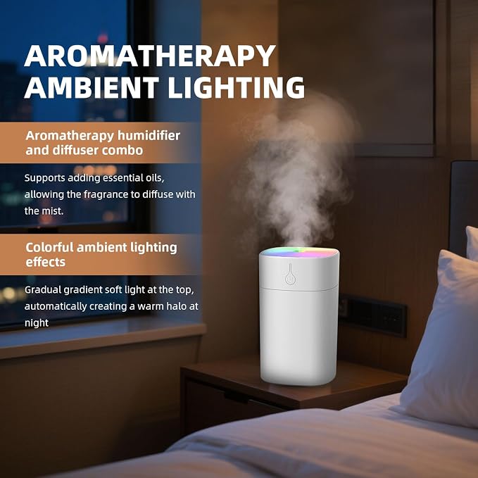 Portable Desktop Humidifier, 400ml Small Humidifier, Travel Fragrance Diffuser, Powered by USB, with LED Light and Automatic Shut-off Function (White)