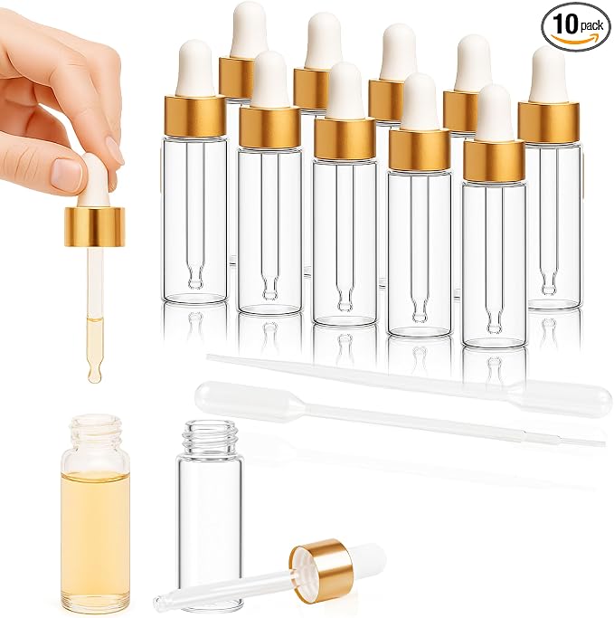 10pcs Mini Glass Dropper Bottle for Essential Oil,1ml Small Clear Sample Dropper Vails with Gold Cap,Perfume Cosmetic Liquid Containers for Traveling (5ml, 10)