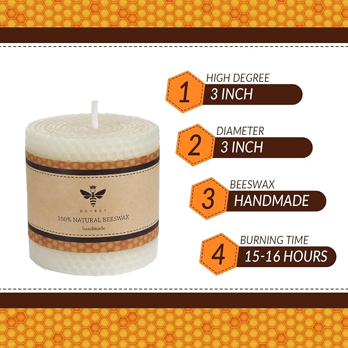 DEYBBY Natural White 3×3 in Beeswax Pillar Candle - Handmade Pure Organic Beeswax Honeycomb Rolled Candle for Home Study Decor Housewarming Gift