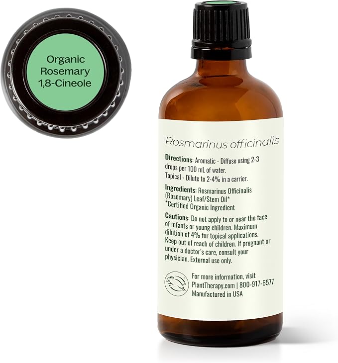 Plant Therapy Organic Rosemary Essential Oil 100 mL (3.3 oz), 100% Pure, USDA Certified Organic, Undiluted, Natural Aromatherapy, for Healthy Hair