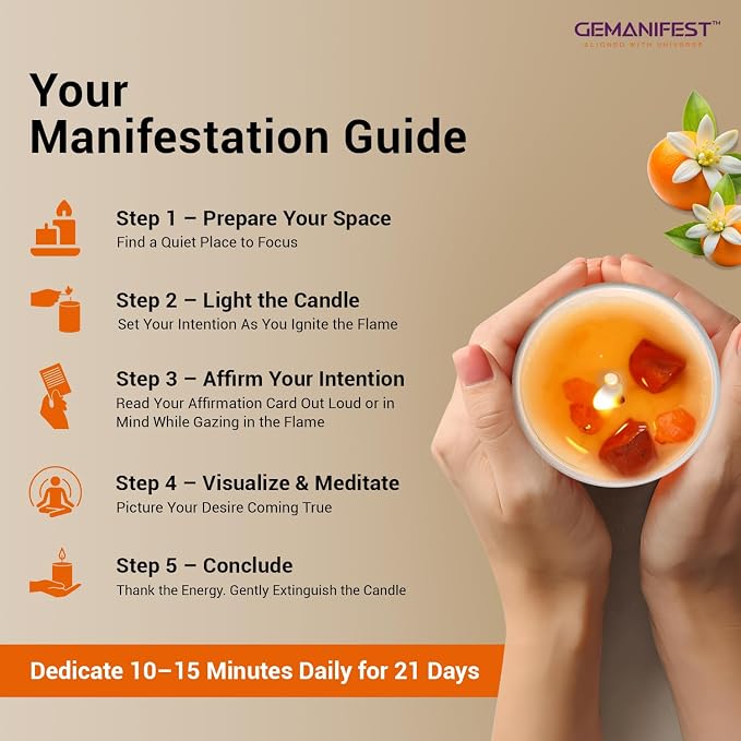 Strength and Stability Manifestation Crystal Candle, Orange Blossom Scented Soy Candle for Workout Enthusiasts, Valentine's Gift for Her/Him, Wellness, Inspirational and Motivational