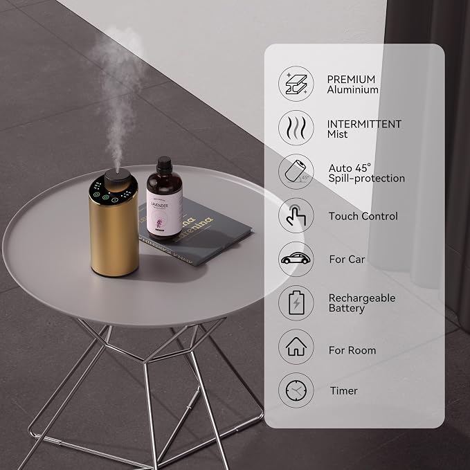 Waterless Essential Oil Diffuser Scent Aromatherapy Diffusers for Home, Car, Aluminum Alloy Battery Operated Cordless Air Freshener, 4 Timers & 3 Mist Levels, 5/10/20ml Capacity (Gold)