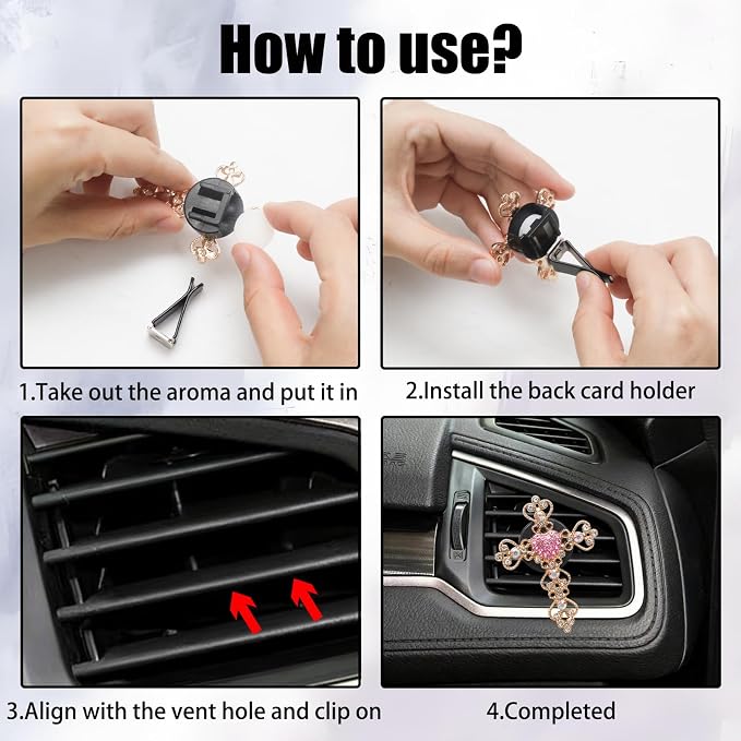 4pcs Bling Heart & Cross Air Vent Clips,Cute Pink Diamond Car Air Fresheners Diffuser,Crystal Pendant Decoration Car Interior Accessories for Women