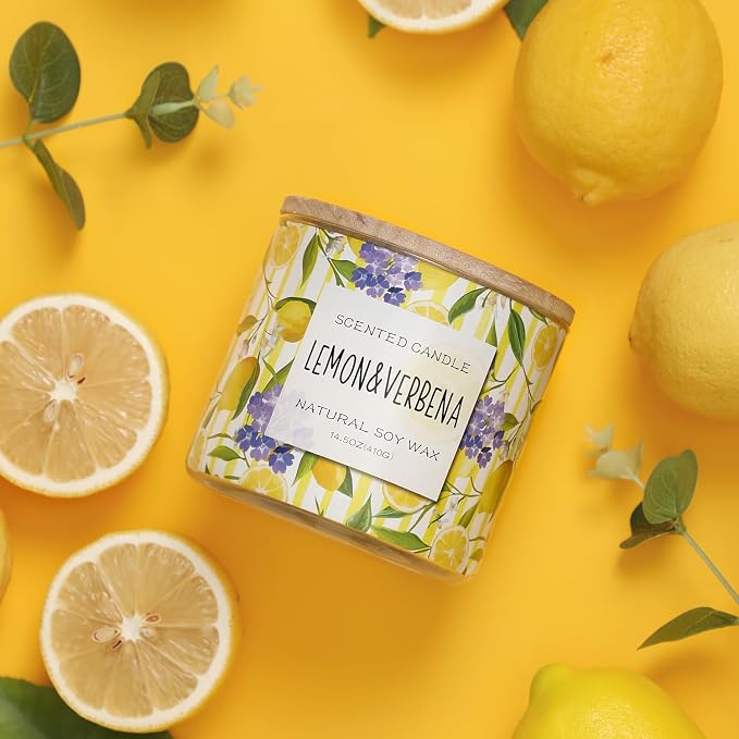Lemon Candle, Lemon Verbena Scented Candle, Large 3 Wicks Candle, 14 oz