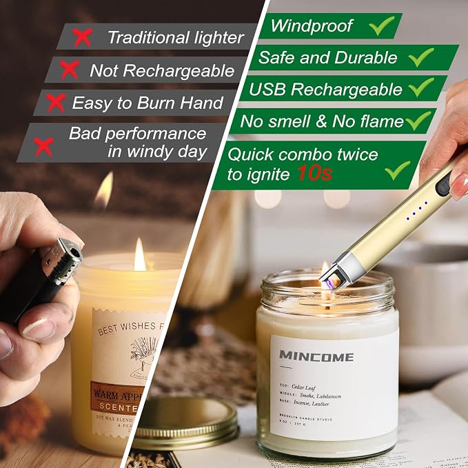 Candle Lighter Electric Rechargeable USB Plasma Arc Lighter with Safety Lock, Mothers Day Birthday Gifts for Women Windproof Flameless Long Matches Lighters for Candle,Grill,BBQ,Camping
