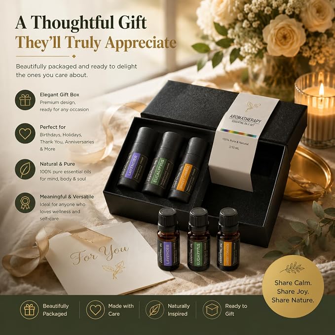 Essential Oils Gift Set - 3 x 10ml Lavender, Eucalyptus & Sweet Orange, 100% Pure Plant-Based Therapy for Car Aromatherapy，Diffusers, Humidifiers, Relaxation & Home Spa - The Serenity Trio