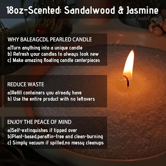 Moksha Garden Pearled Candle 18 Oz with 30 Wicks - Sandalwood & Jasmine Scented Sand Candles White Refillable Wax Lasts Up to 120 Hours Smooth and Clean Burning for Candle Making DIY