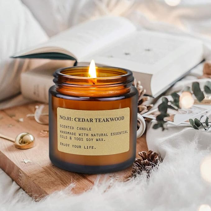 YFYTRE 4 Pack Scented Candle Set Soy Wax Candles, Aromatherapy Candles for Home Decoration, Jar Candles Gift for Women Mother with Amber Glass Jars and Kraft Wrapping