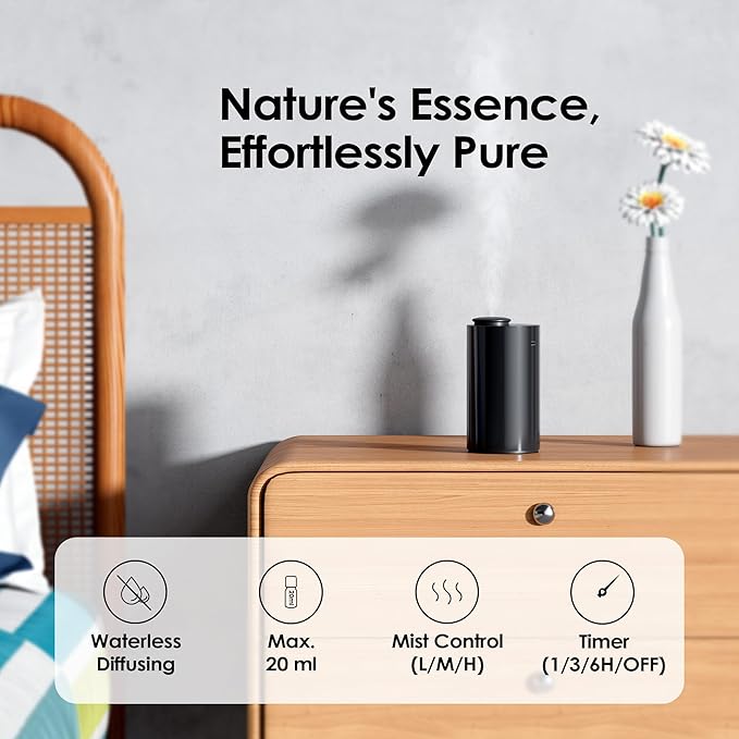 Airversa Waterless Essential Oil Diffuser Starter Kit with 4 x 10mL Hotel Scent Fragrance Oil, Battery Operated Mini Scent Air Machine Portable Diffuser for Home Car Office, AN6Kit-04 Black
