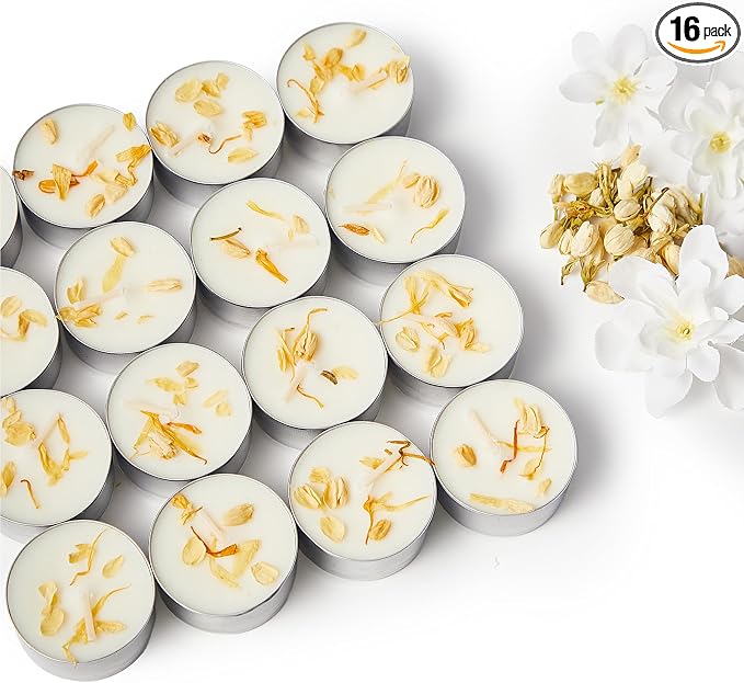 16 Pack Jasmine Tealight Candles with Real Dried Petals, Natural Soy Wax, 6-Hour Burn Time for Home, Wedding & Bath Decor