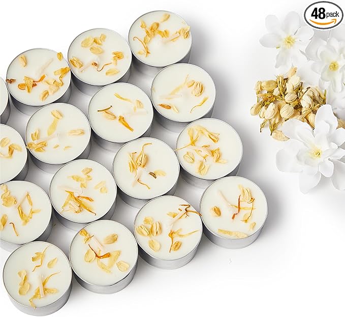 48 Pack Jasmine Scented Tealight Candles with Real Petals, Natural Soy Wax 6H Burn Time, Non-Toxic Smokeless Scented for Bath, Wedding, Decor