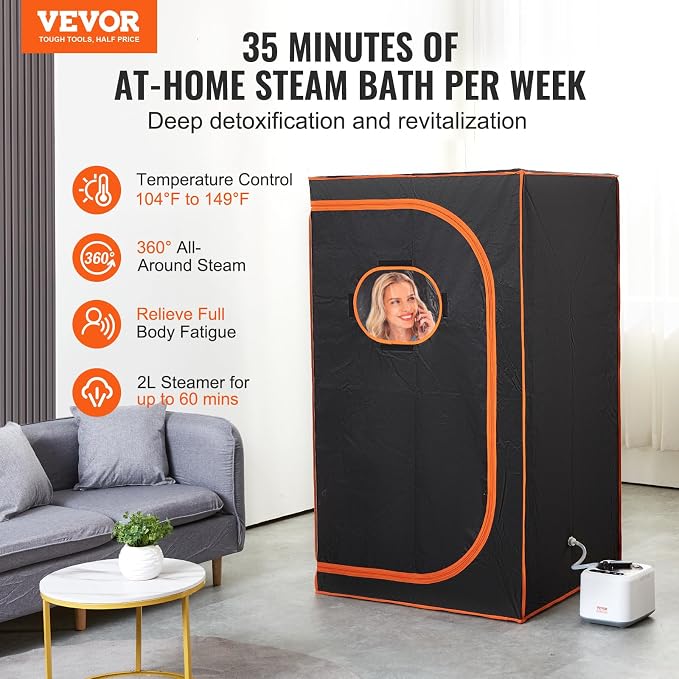 VEVOR Portable Steam Sauna Tent Full Size, 1000W Personal Sauna Kit for Home Spa, Detoxify & Soothing Heated Body Therapy, Time & Temperature Remote Control with Floor Mat