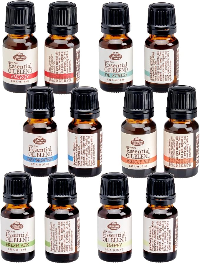 Fabulous Freannie Synergy Pure Essential Oil Blend Basic Sampler Box Gift Set Energy, De-Stress, Easy Breathzy, Muscle Ice, Fresh Air and Happy .33oz (Pack of 6)