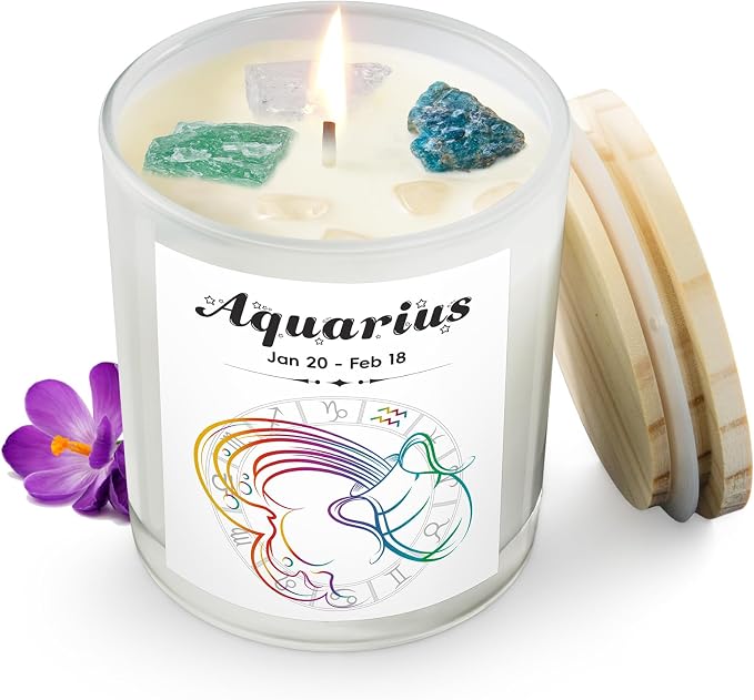 Aquarius Gifts for Women, Zodiac Aquarius Candle with Healing Crystals, Astrology Birthday Gifts for Women, Mom, Sister, Friends, Meditation, Yoga, Relaxation (7oz)