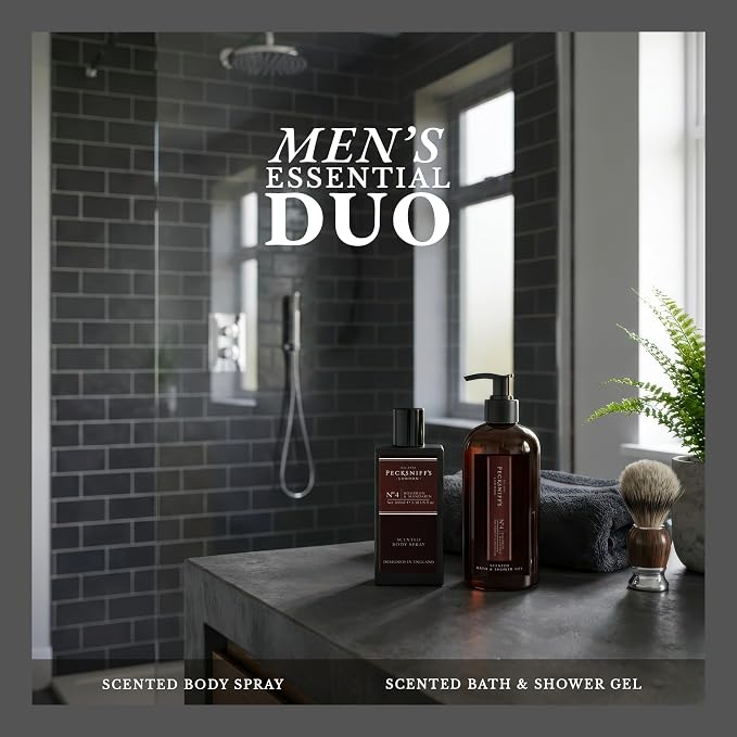Pecksniff’s Men’s Body Duo Set – Bourbon & Mandarin Scented Bath & Shower Gel 250ml & Body Spray 100ml – Luxury Grooming Gift Set for Him