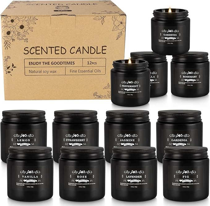 Howemon Scented Candle Set 12 Pack,Black, Candle for Home Scented, Odor Eliminating, Stress Relief, Long Lasting Soy Wax Gift Set