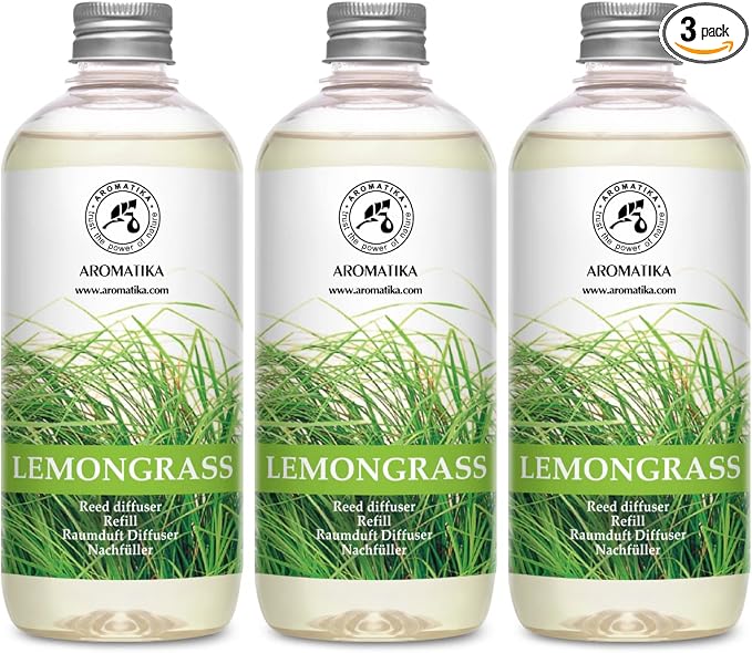 Reed Diffuser Refill Lemongrass 51 Fl Oz - Room Diffuser w/Essential Lemongrass Oil - Set 3x17Fl Oz - Home Fragrance - Aromatherapy Air Freshener Essential Lemongrass Oil Diffuser