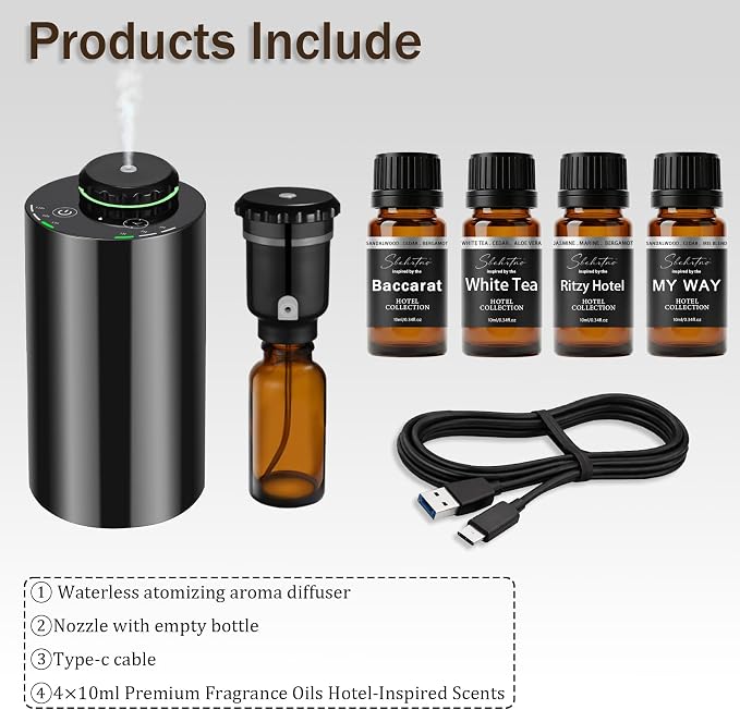 Hotel Scent Diffuser Kit – Waterless Essential Oil Diffuser with 4 Luxury Fragrance Oils, Cold Air Aroma Diffuser for Home, Bedroom, Office & Car (Hotel Scent Diffuser Kit with 4 Fragrance Oils)